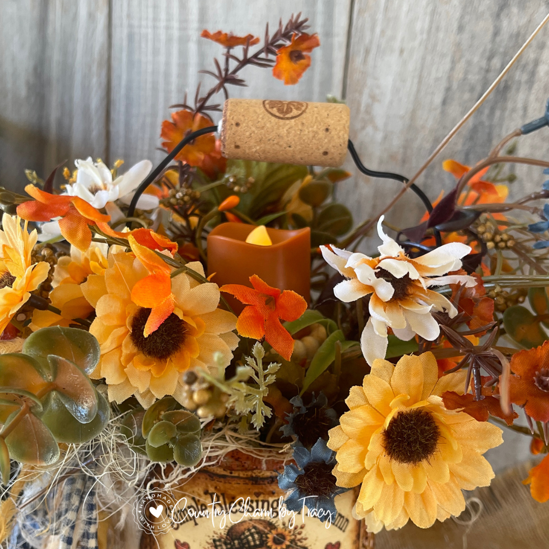 Autumn Blessings Tin Can Decor with Faux Candle | God's Blessings Bloom Here | Handcrafted Primitive Farmhouse Fall Decor
