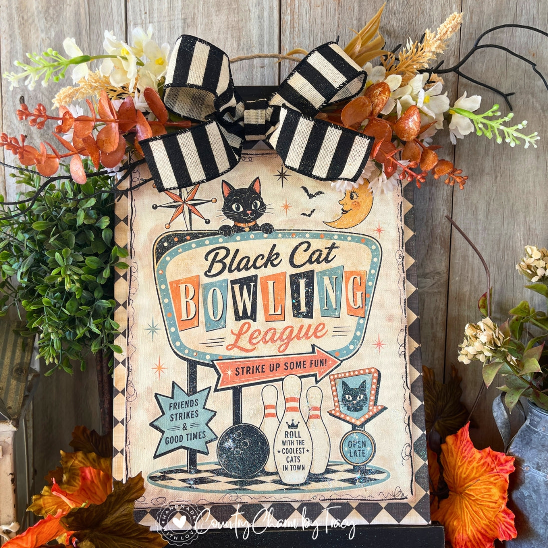 Black Cat Bowling League Halloween Retro Sign Decor