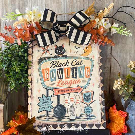 Black Cat Bowling League Halloween Retro Sign Decor