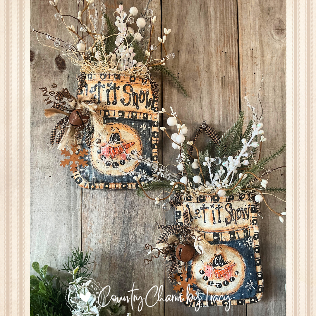 (Light denim) Let It Snow” Winter Wall Pocket - HandPainted Jean Pocket