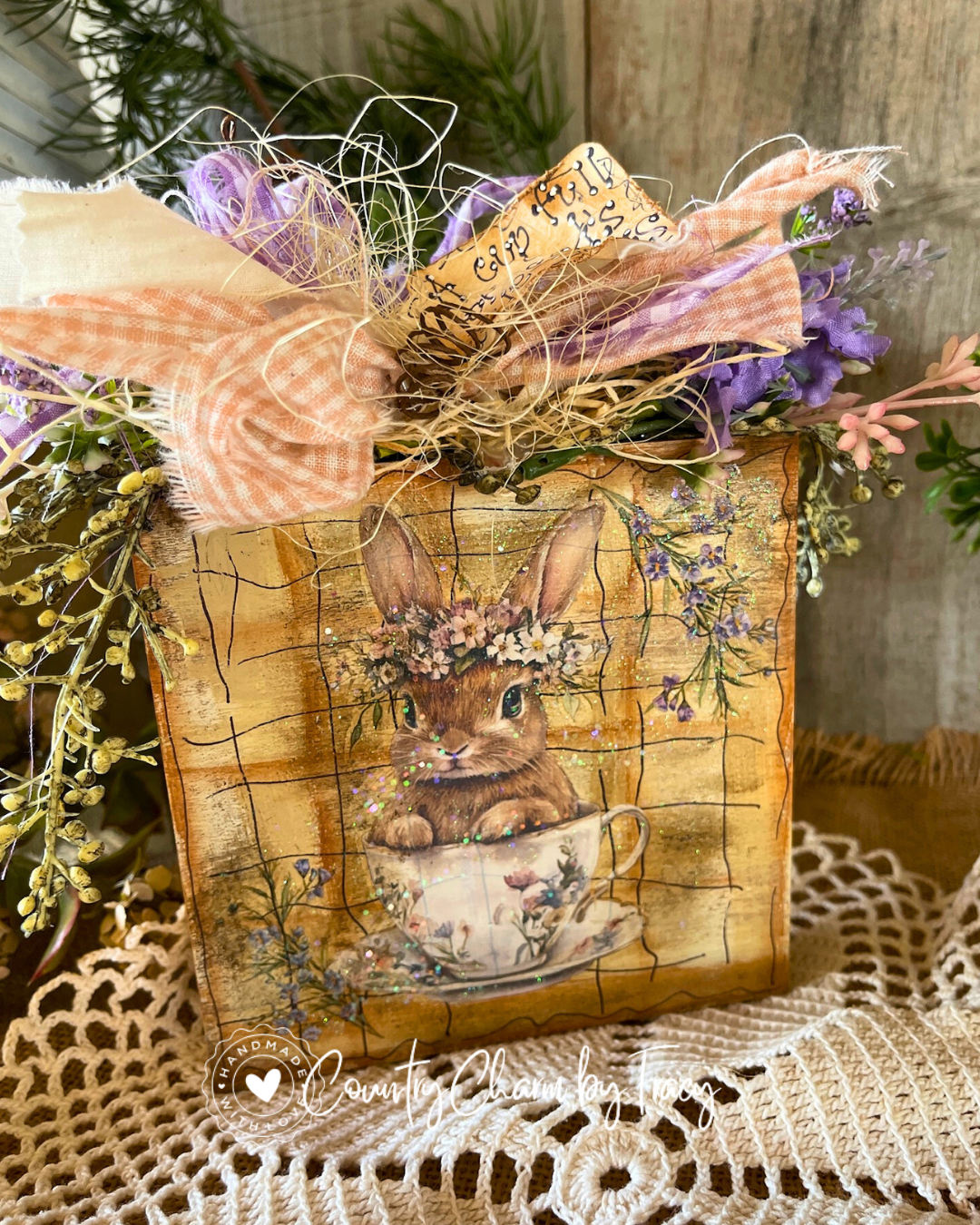 A Cup Full of God’s Blessings Bunny Teacup Block Shelf Sitter #6– FREE SHIPPING