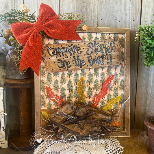 Campfire Stories are the Best - Dimensional Wood Frame Decor 12x14 | Handcrafted Primitive Farmhouse Camping Decor