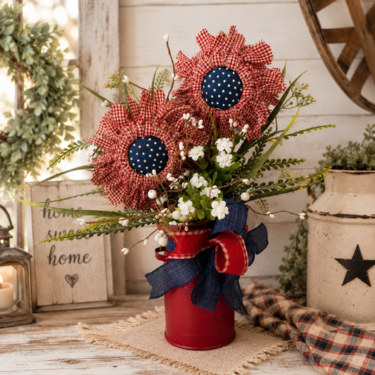 Patriotic Fabric Flowers in Milk Can - Red White and Blue Americana Floral Arrangement