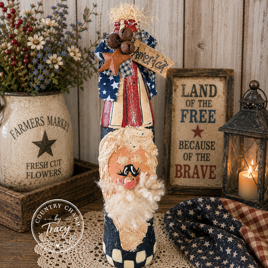 Uncle Sam Hand-Painted Tall Coke Bottle - Primitive Americana Decor 11-12 Inch