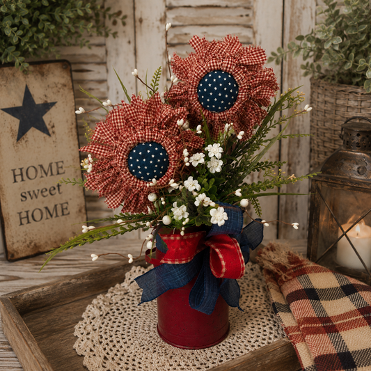 Patriotic Fabric Flowers in Milk Can - 22 Inch Red White and Blue Americana Floral Arrangement