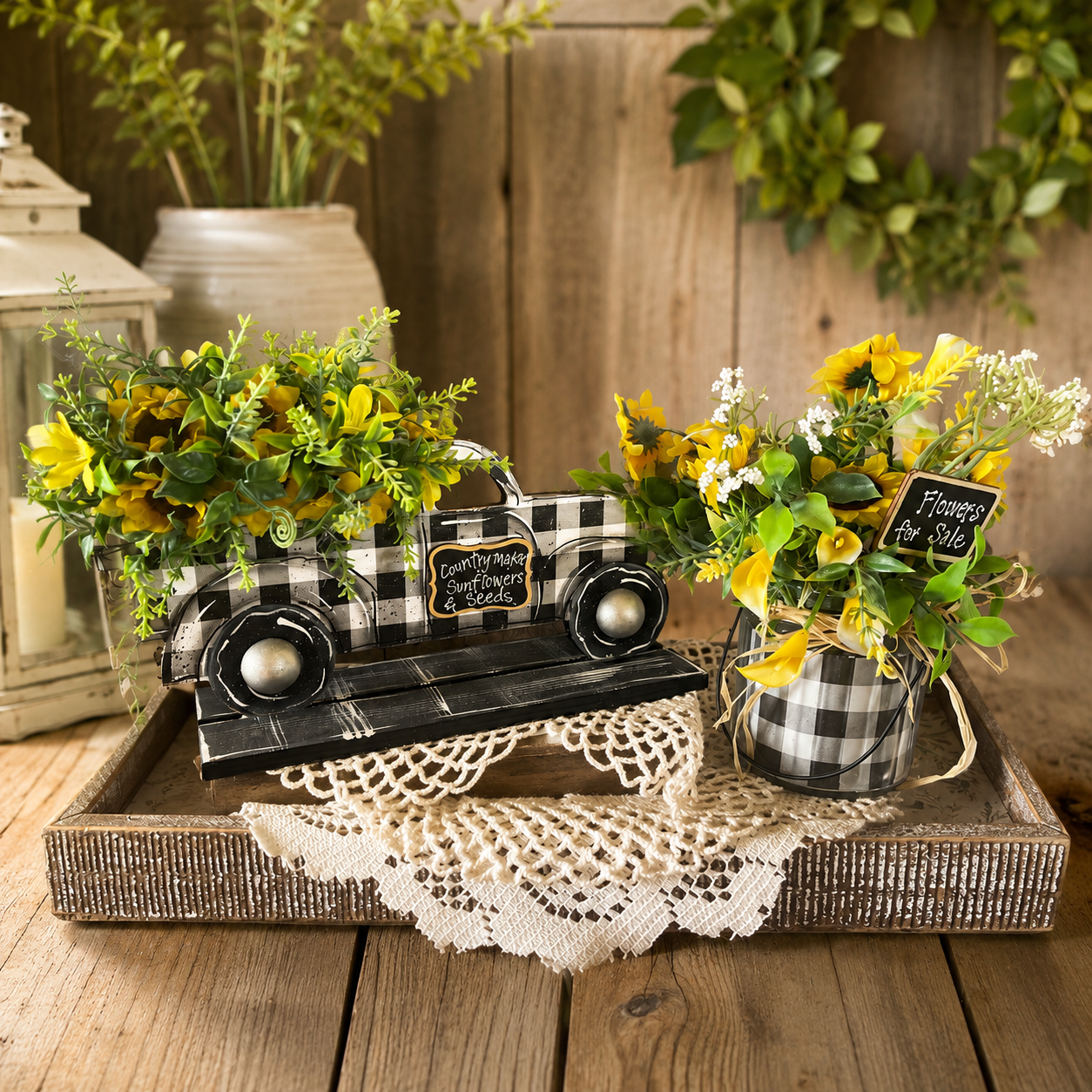 Buffalo Check Summer Truck and Jar Set - Double-Sided Wood Truck with Sunflower Floral Arrangement