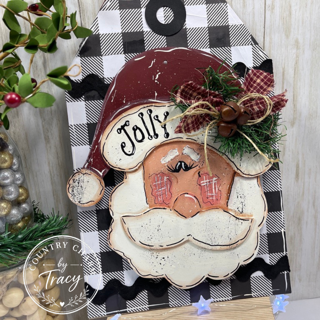 Country Christmas Jolly Santa Tag Shelf Leaner