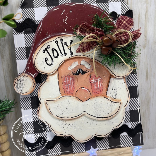 Country Christmas Jolly Santa Tag Shelf Leaner