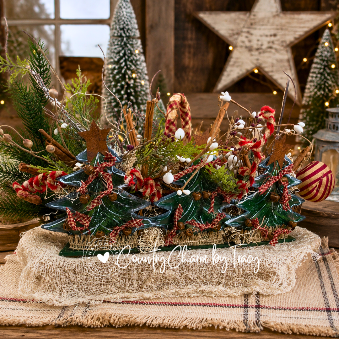 Country Christmas Tree Wood Decor - Hand-Painted Double-Sided Primitive Farmhouse Centerpiece | Free Shipping in USA