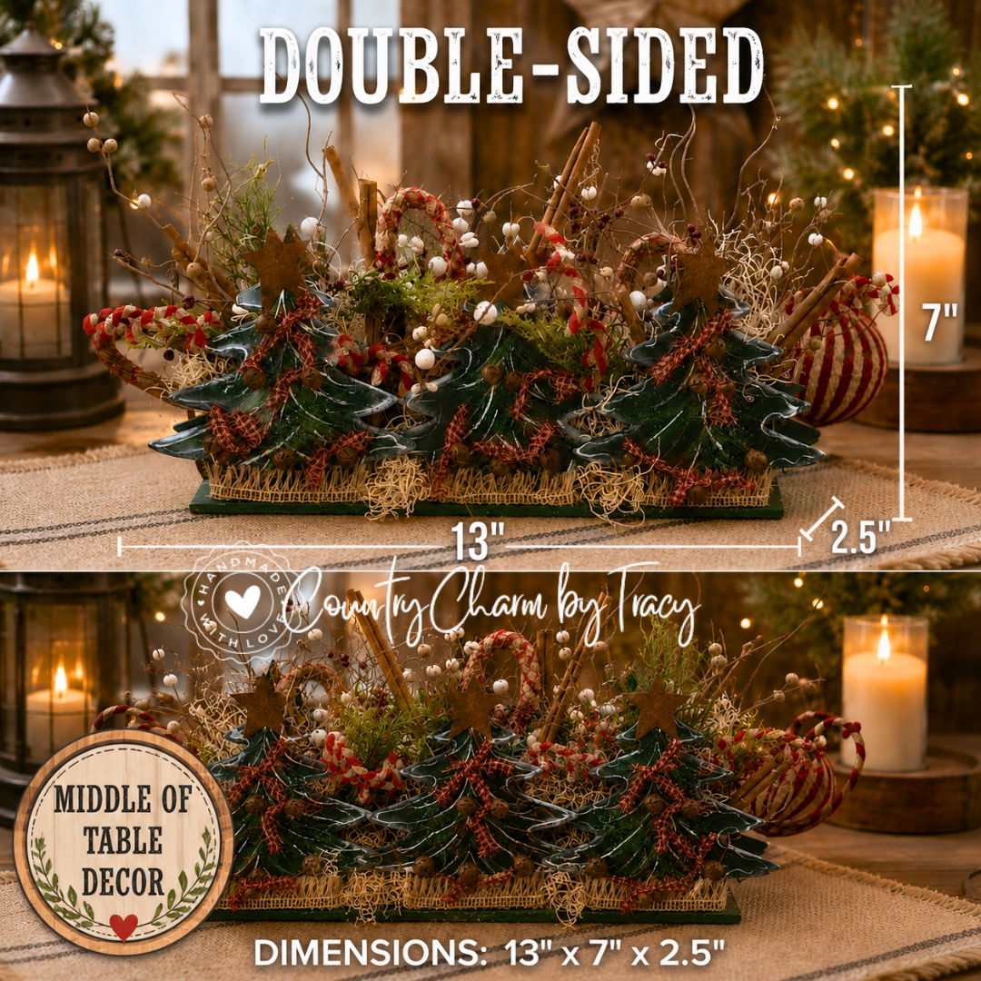 Country Christmas Tree Wood Decor - Hand-Painted Double-Sided Primitive Farmhouse Centerpiece | Free Shipping in USA