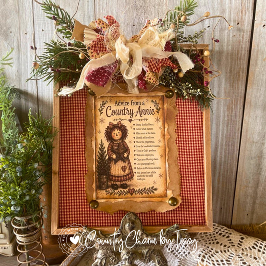 Primitive Country Annie Wood Frame Decor - Red Gingham Homespun