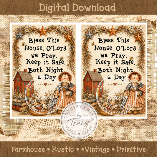 Bless This House O Lord We Pray - America Annie Primitive Printable Art - 5X7 PDF Printable