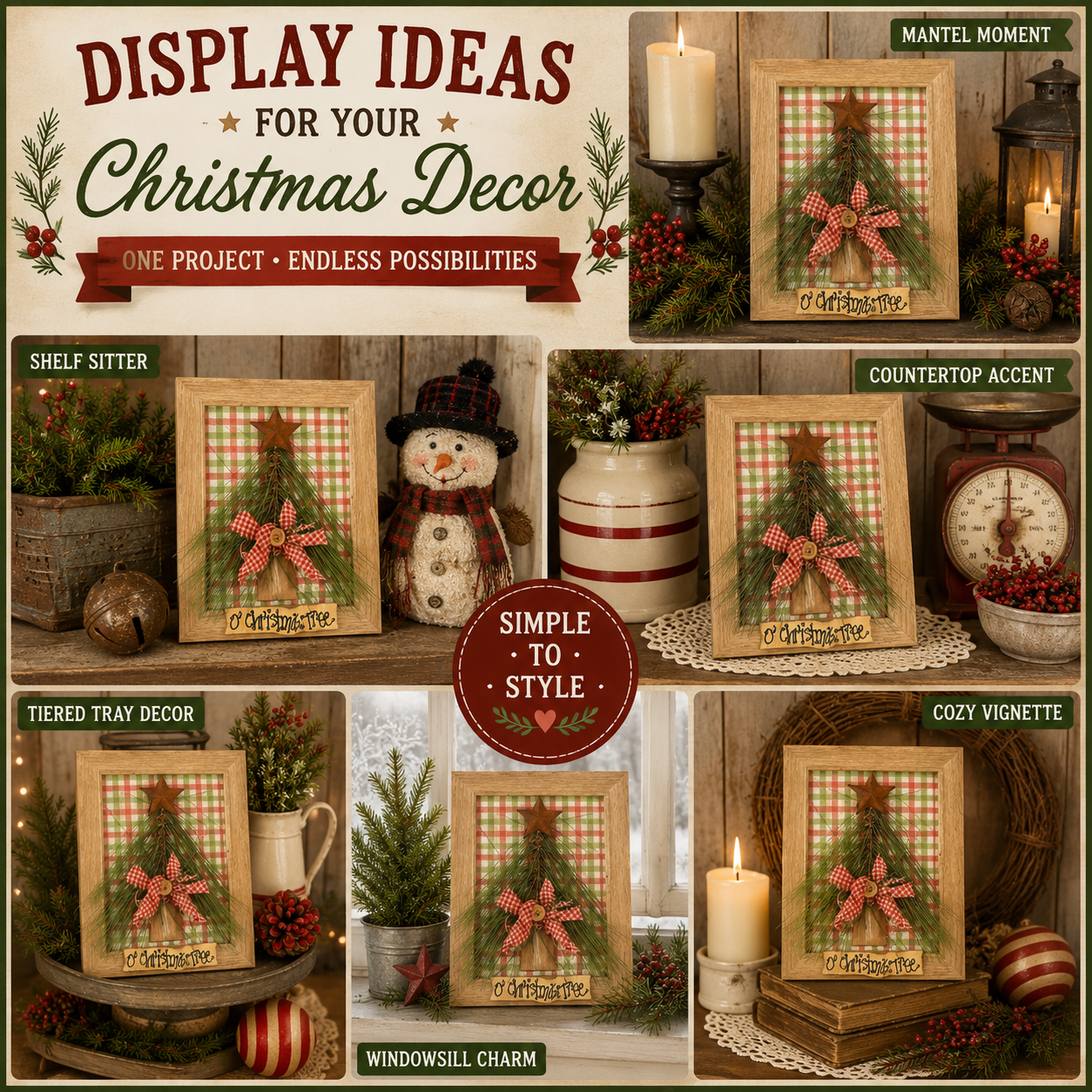 Rustic Country Christmas Decor Frames - Dimensional Handcrafted - Set of 2