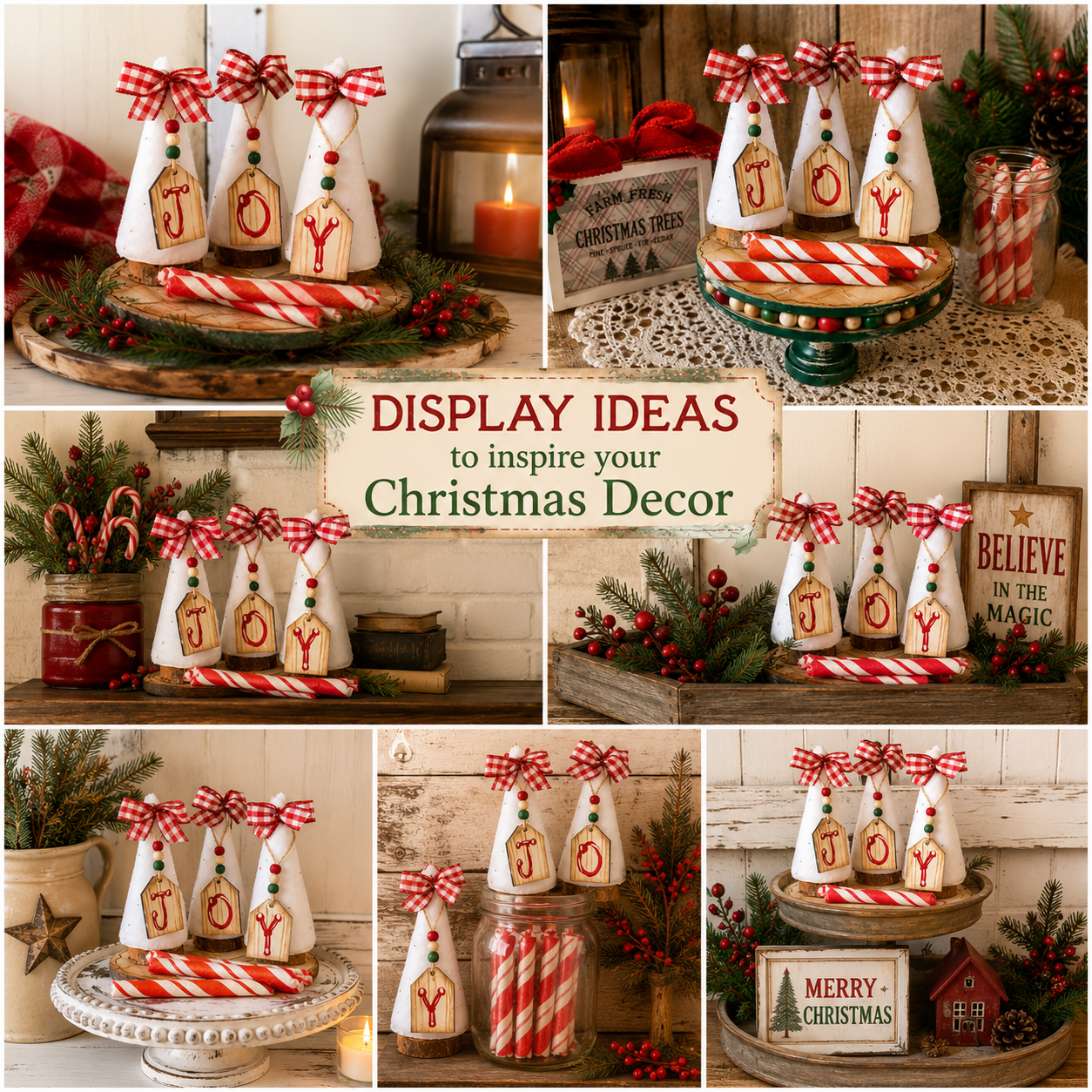 JOY Christmas Tree Display Set | Farm Fresh Trees Sign, Candy Stick Jar and Wooden Stand