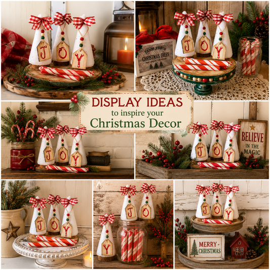 JOY Christmas Tree Display Set | Farm Fresh Trees Sign, Candy Stick Jar and Wooden Stand