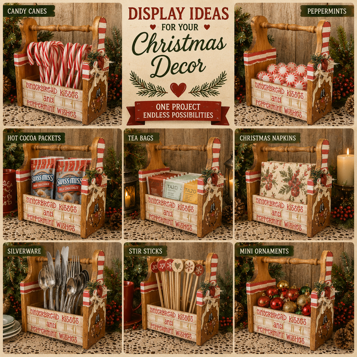 Gingerbread Caddy - Hand-Painted Primitive Farmhouse Christmas Decor