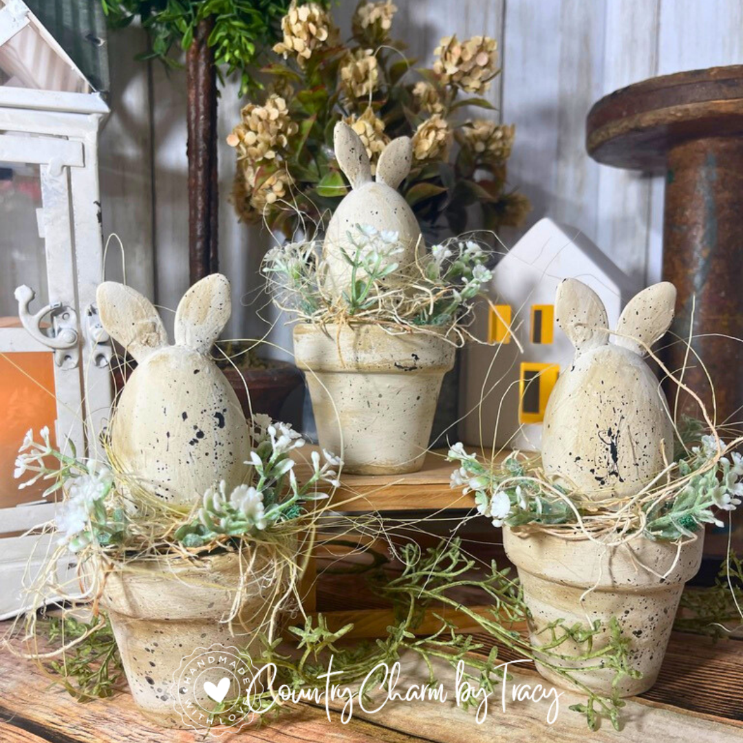 Rustic Farmhouse Clay Pot Bunny Set – Set of 3