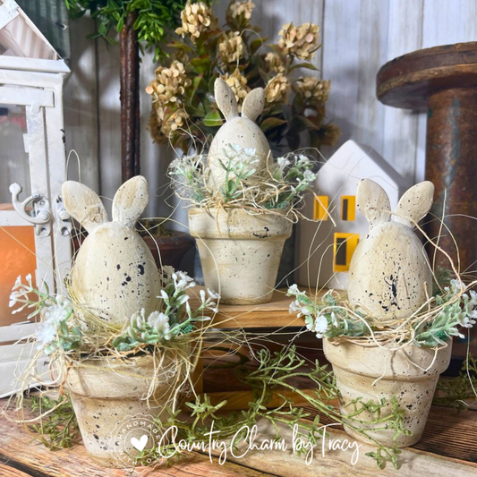 Rustic Farmhouse Clay Pot Bunny Set – Set of 3