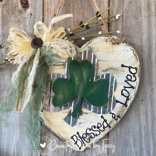 Blessed & Loved Shamrock Heart Door Hanger – Rustic St. Patrick’s Decor