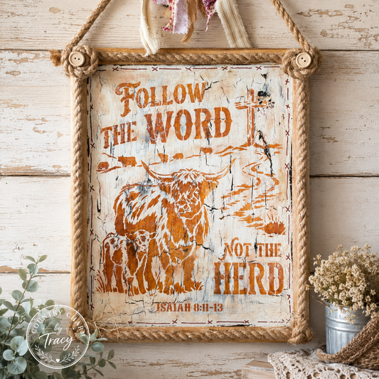 Follow the Word Not the Herd - Hand-Painted Crackle Wood Sign with Highland Cow Isaiah 8:11-13