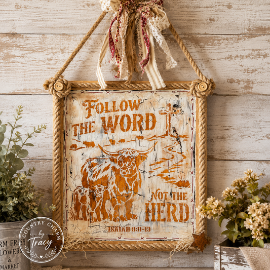 Follow the Word Not the Herd - Hand-Painted Crackle Wood Sign with Highland Cow Isaiah 8:11-13
