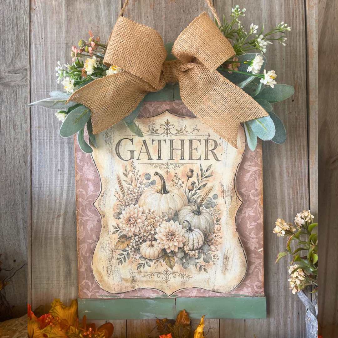 Gather Harvest Sign - 11x14 Dimensional Framed Decor with Floral Swag