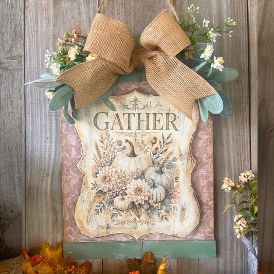 Gather Harvest Sign - 11x14 Dimensional Framed Decor with Floral Swag
