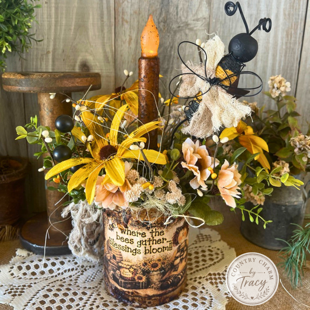 Primitive Country Bee Can with Grungy Faux Candle