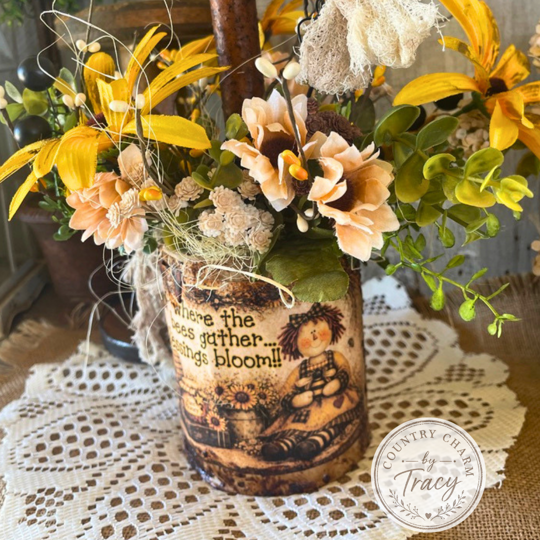 Primitive Country Bee Can with Grungy Faux Candle