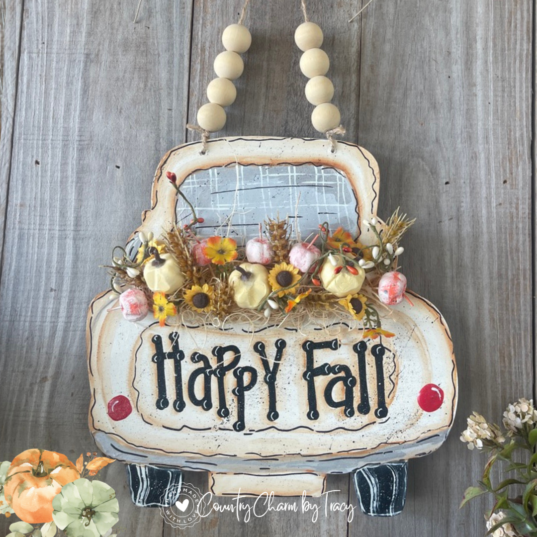 Happy Fall Vintage Truck Door Hanger with Pumpkin Embellishments