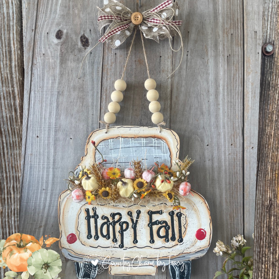 Happy Fall Vintage Truck Door Hanger with Pumpkin Embellishments