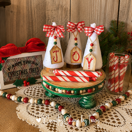 JOY Christmas Tree Display Set | Farm Fresh Trees Sign, Candy Stick Jar and Wooden Stand