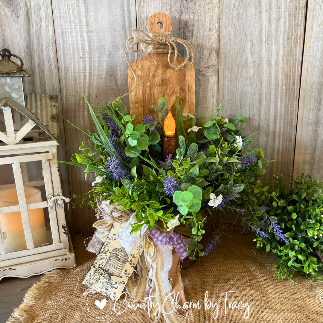 Lavender Garden Cutting Board with Metal Bucket Floral Decor