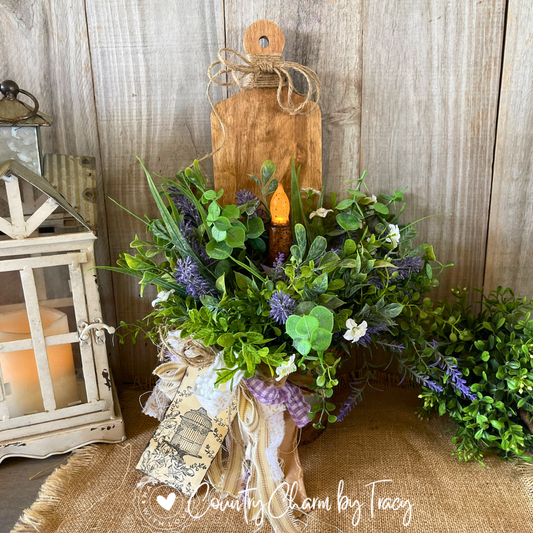 Lavender Garden Cutting Board with Metal Bucket Floral Decor