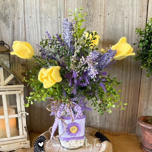 Lavender and Tulip Floral Jar Decor Rustic Spring Shelf Sitter