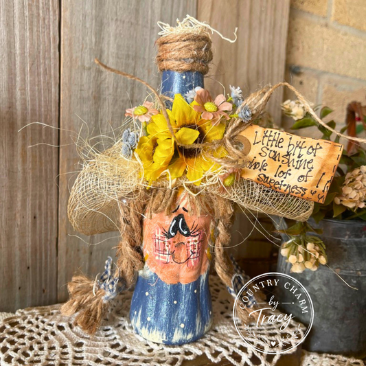 Miss Sunflower Vintage Coke Bottle Decor - Hand-Painted 8" Primitive Folk Art Bottle with Sunflowers | Free Shipping in USA
