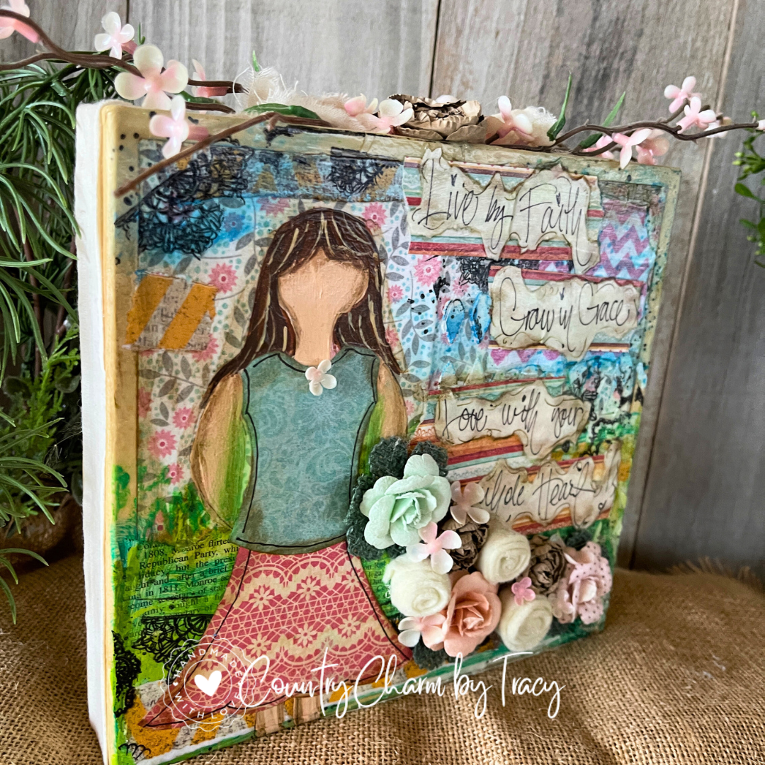 Live by Faith Grow in Grace -Mixed Media Inspirational Block Shelf Sitter | Original Paper Pieced Art