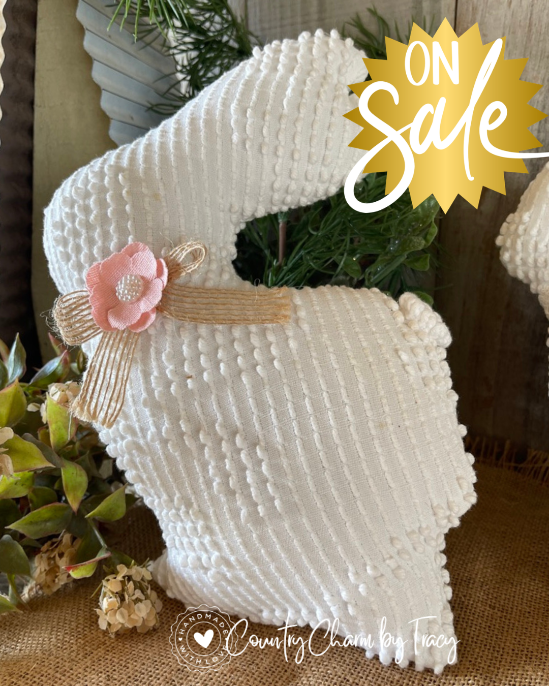 Chenille Stuffed Bunny Decor – Rustic Farmhouse Style