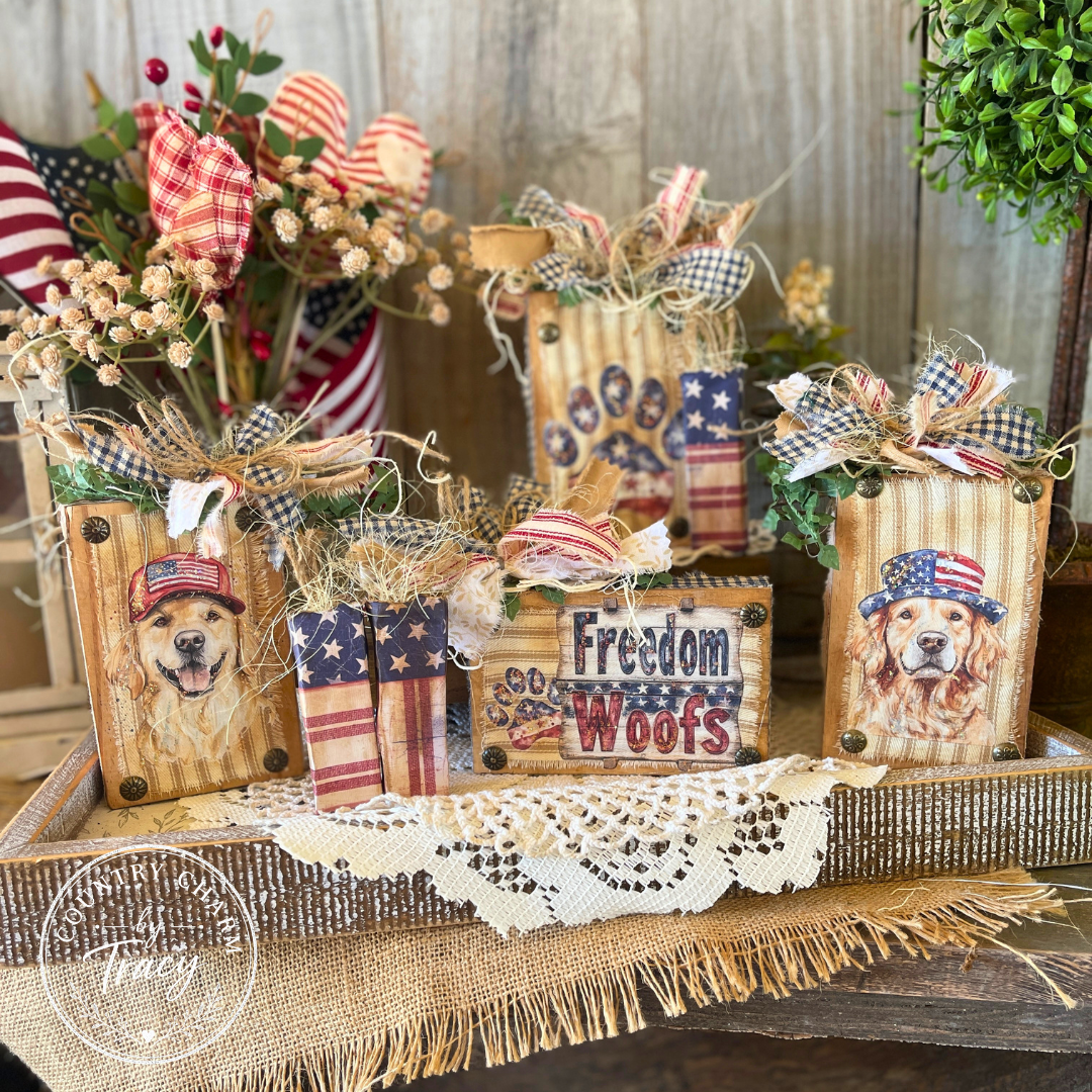 Patriotic Pups Wood Block Set - Americana Shelf Sitters