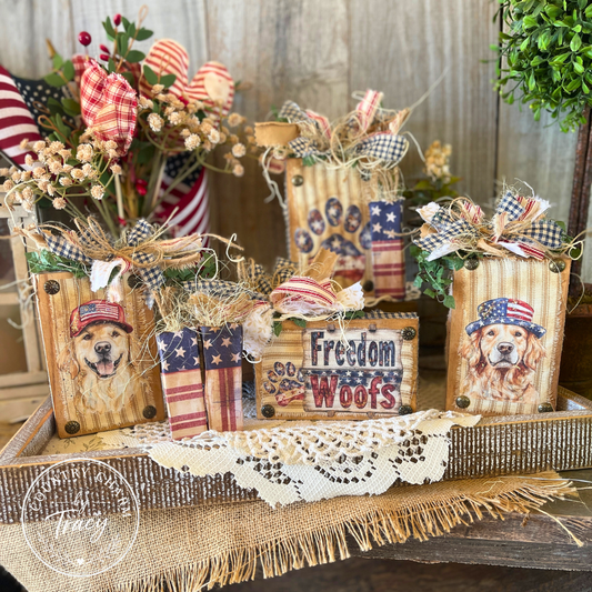 Patriotic Pups Wood Block Set - Americana Shelf Sitters