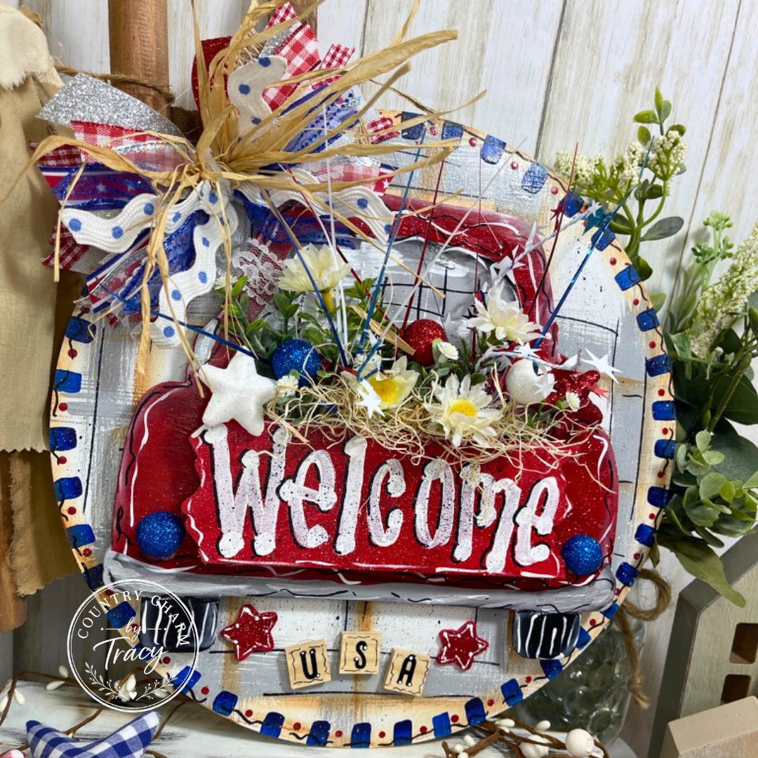 Patriotic Welcome Truck Door Hanger - 14 Inch Hand-Painted Red White and Blue 4th of July Decor