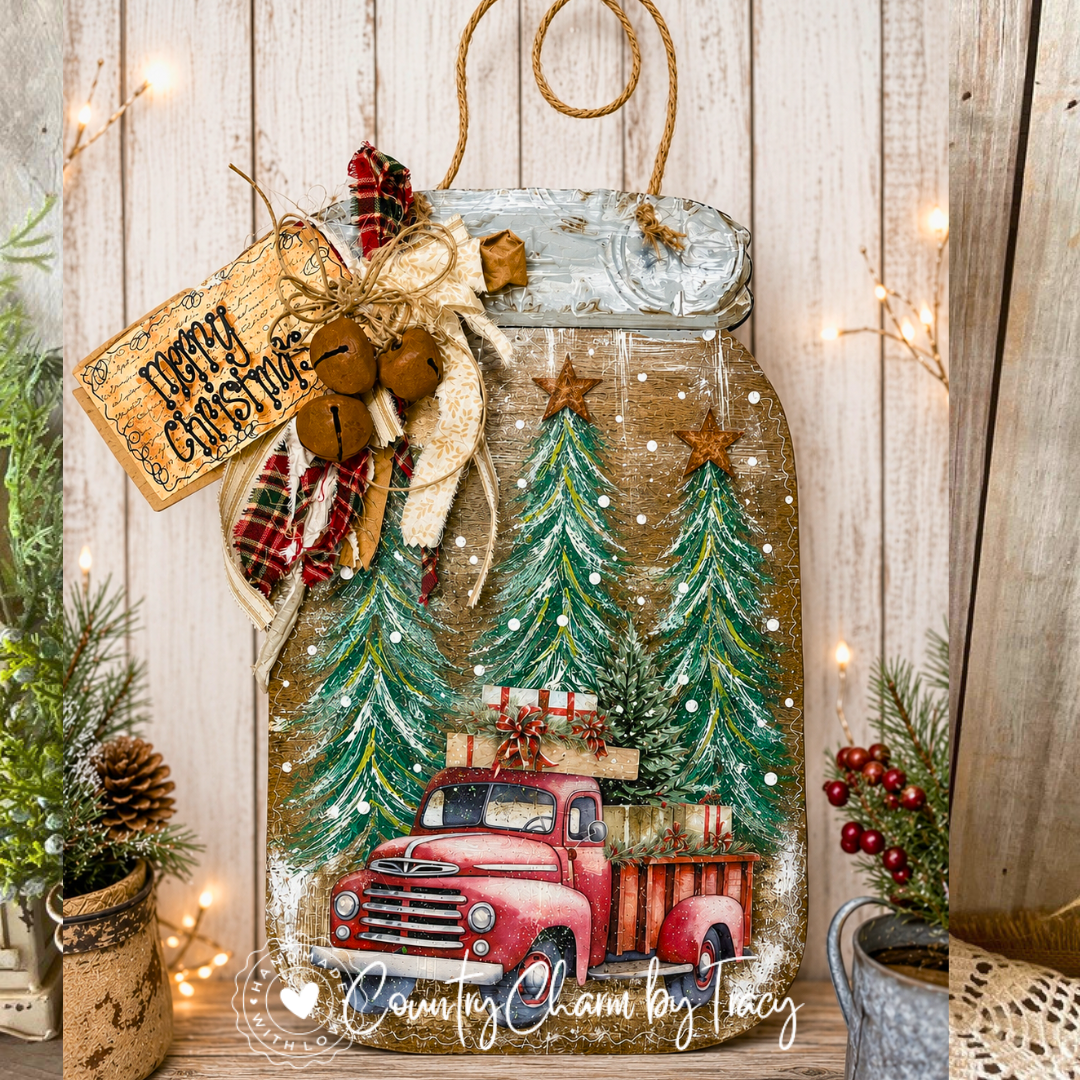 Red Truck Mason Jar Wood Christmas Door Hanger