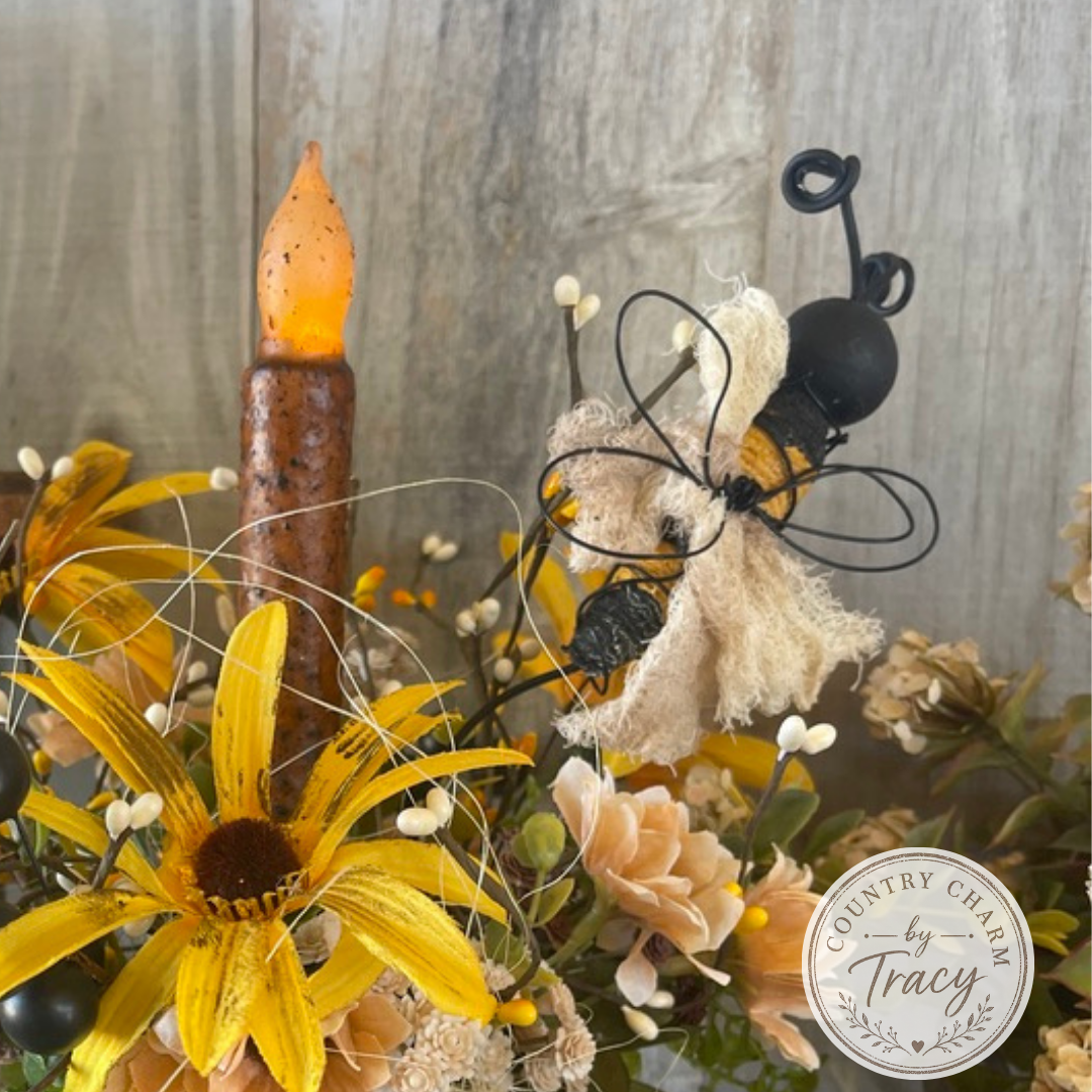 Primitive Country Bee Can with Grungy Faux Candle