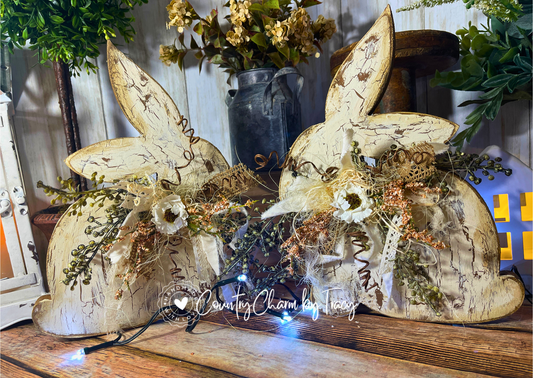 Vintage Farmhouse Wood Bunnies – Set of 2