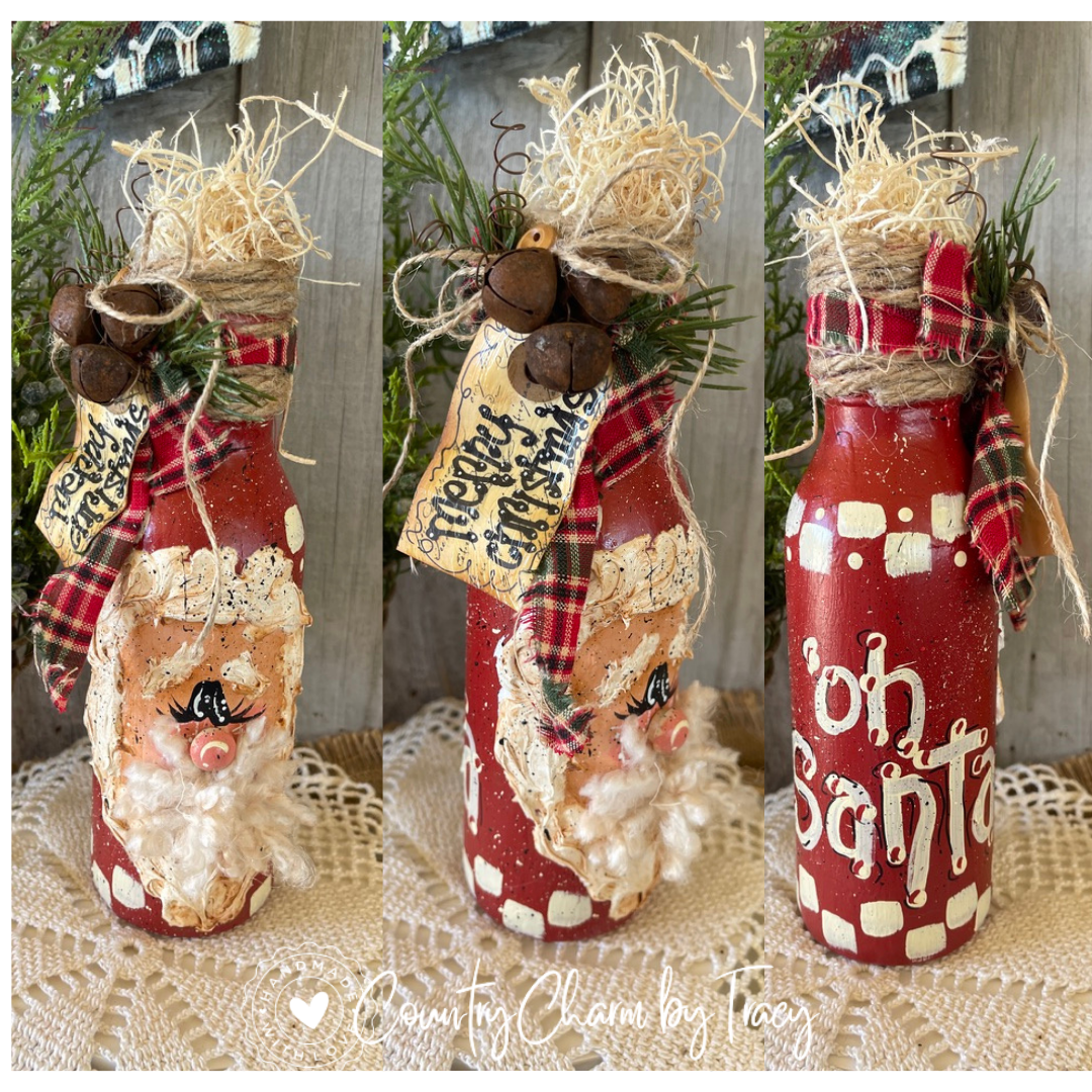 Santa Bottle - Hand-Painted Primitive Farmhouse Christmas Decor