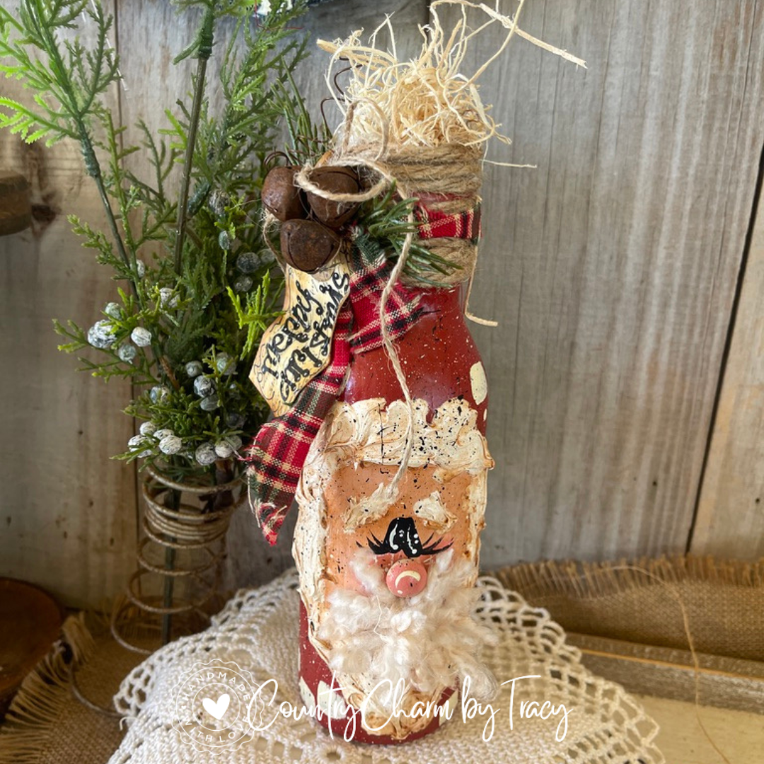 Santa Bottle - Hand-Painted Primitive Farmhouse Christmas Decor
