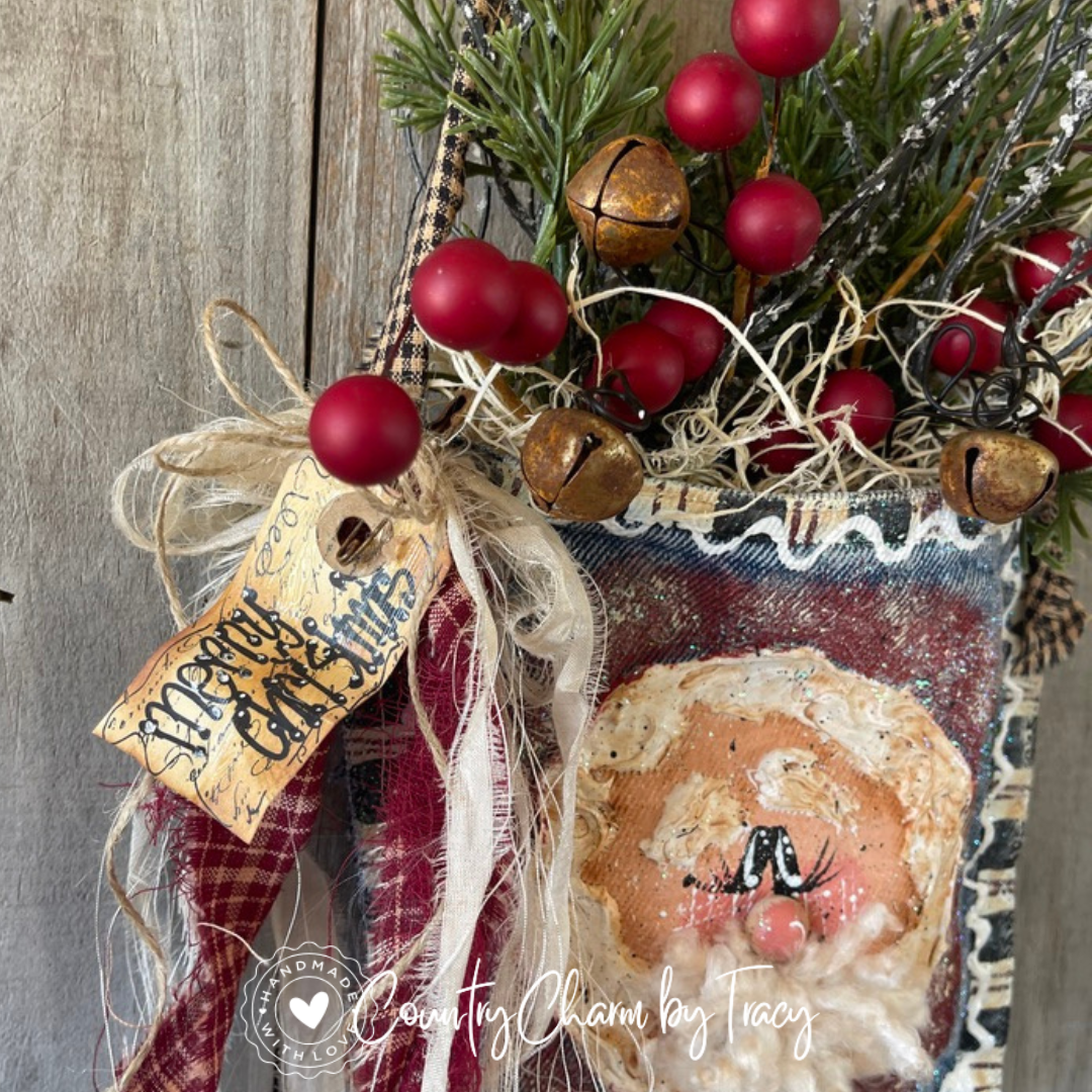 Santa Denim Pocket - Hand-Painted Primitive Farmhouse Christmas Decor