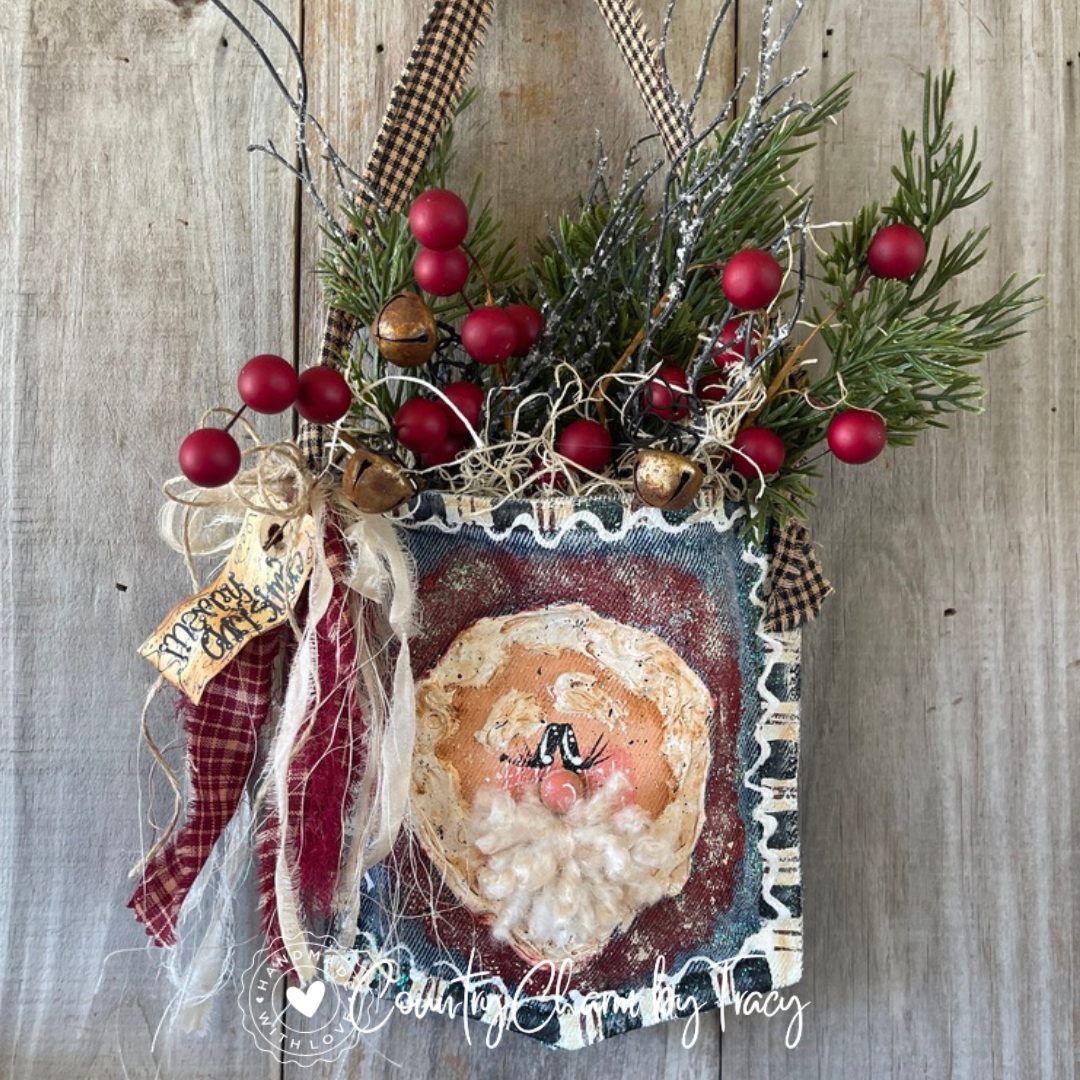 Santa Denim Pocket - Hand-Painted Primitive Farmhouse Christmas Decor