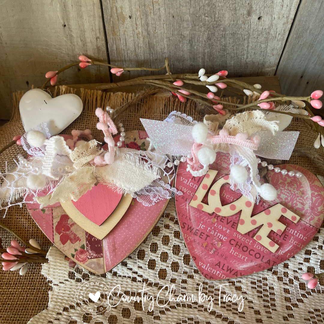 SET OF 4 – Pink & Cream Heart Ornaments or Bowl Filers - (Set 1)