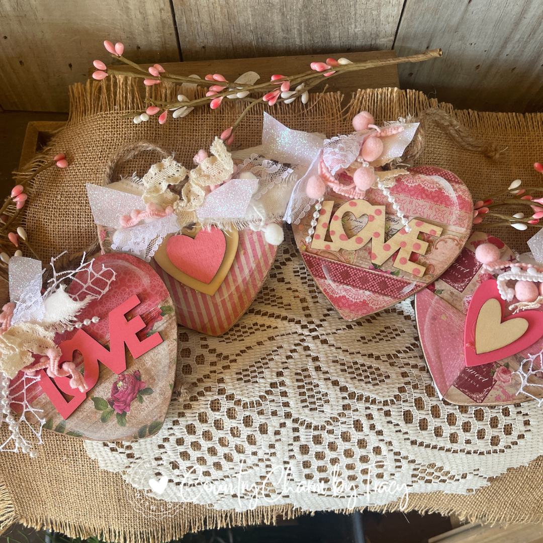 SET OF 4 – Hot Pink & Cream Heart Ornaments or Bowl Fillers (Set 2)